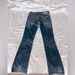 MEK Denim, Sydney Bootcut Jeans, size 28/34L, Dark Blue distressed wash
